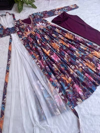 FWMBL FLOWER PRINT ALIYA CUT KURTI DUPATTA WITH THREAD WORK - M-38, Wine Berry