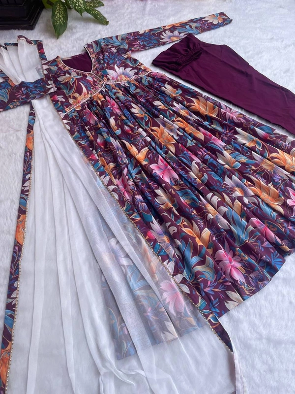 FWMBL FLOWER PRINT ALIYA CUT KURTI DUPATTA WITH THREAD WORK - M-38, Wine Berry