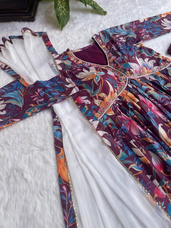 FWMBL FLOWER PRINT ALIYA CUT KURTI DUPATTA WITH THREAD WORK - M-38, Wine Berry