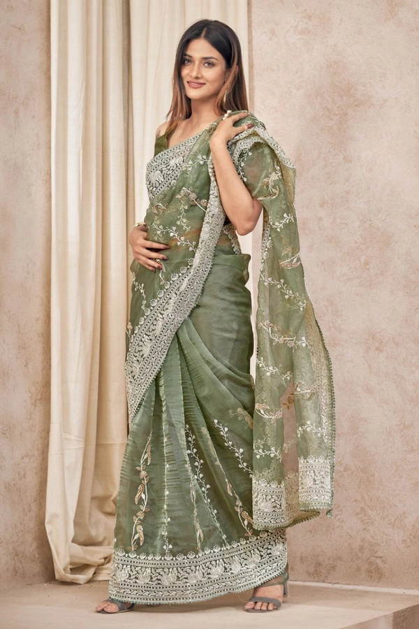 FWMF EMBROIDERED ORGENZA SILK SAREE WITH LACE BORDER - Green