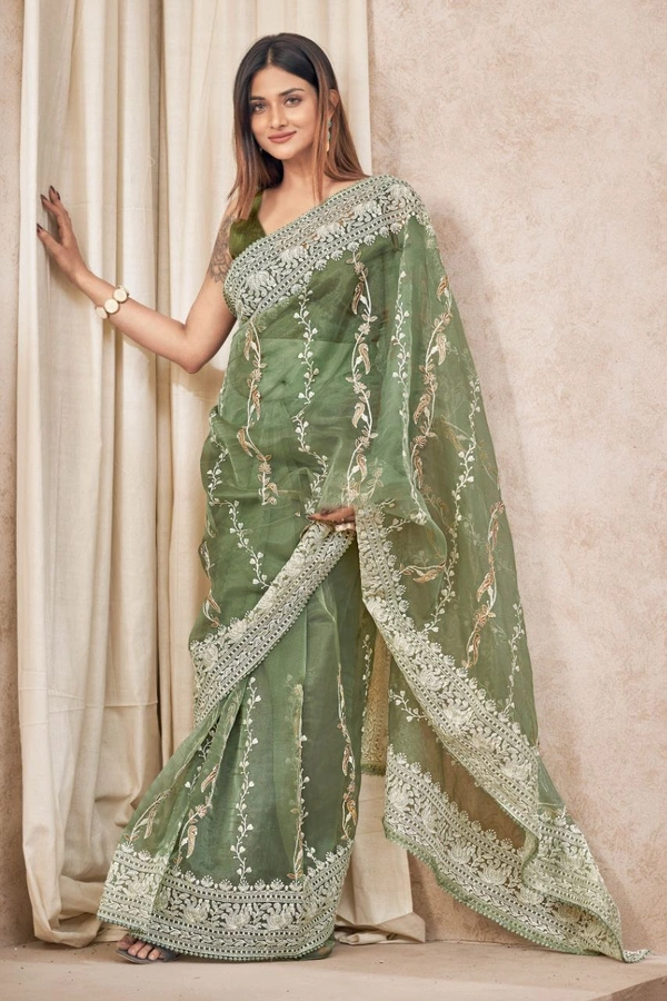 FWMF EMBROIDERED ORGENZA SILK SAREE WITH LACE BORDER - Green