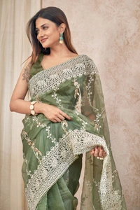FWMF EMBROIDERED ORGENZA SILK SAREE WITH LACE BORDER - Green