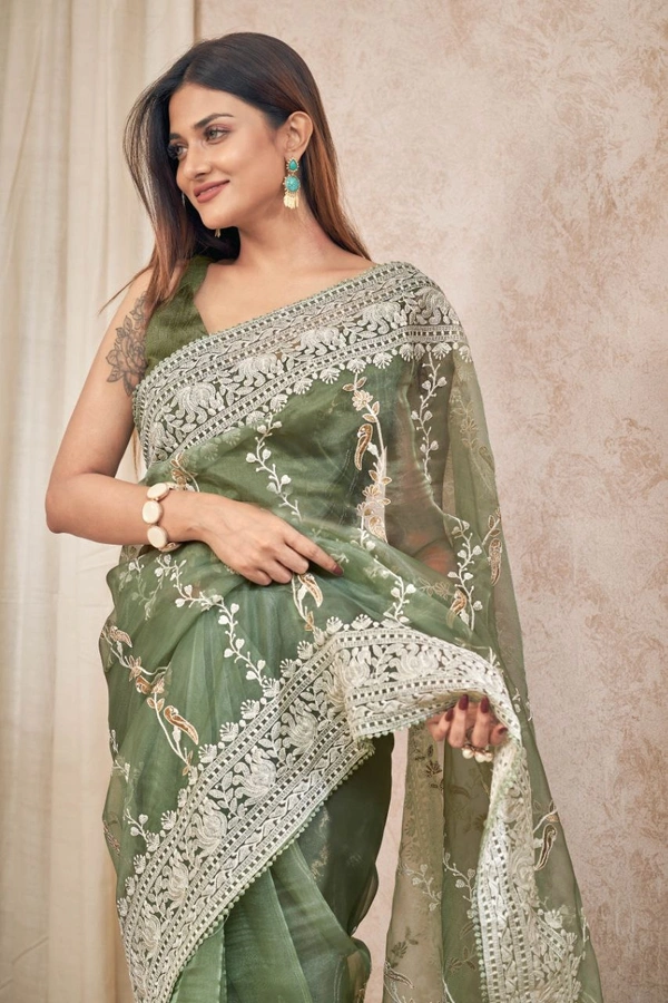 FWMF EMBROIDERED ORGENZA SILK SAREE WITH LACE BORDER - Green