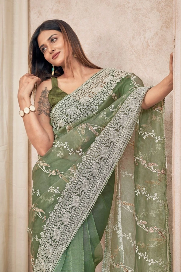 FWMF EMBROIDERED ORGENZA SILK SAREE WITH LACE BORDER - Green