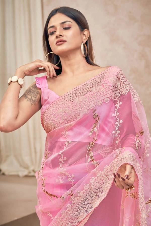FWMF EMBROIDERED ORGENZA SILK SAREE WITH LACE BORDER - Pink