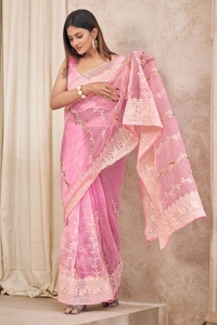 FWMF EMBROIDERED ORGENZA SILK SAREE WITH LACE BORDER - Pink