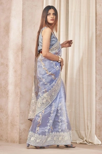FWMF EMBROIDERED ORGENZA SILK SAREE WITH LACE BORDER - Cold Purple