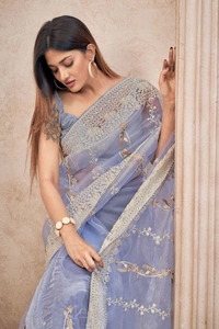 FWMF EMBROIDERED ORGENZA SILK SAREE WITH LACE BORDER - Cold Purple