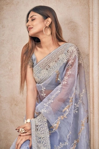 FWMF EMBROIDERED ORGENZA SILK SAREE WITH LACE BORDER - Cold Purple