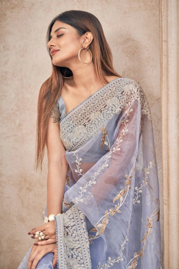 FWMF EMBROIDERED ORGENZA SILK SAREE WITH LACE BORDER - Cold Purple