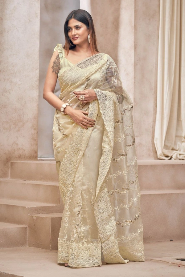 FWMF EMBROIDERED ORGENZA SILK SAREE WITH LACE BORDER - Gold Sand