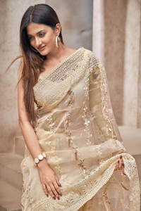 FWMF EMBROIDERED ORGENZA SILK SAREE WITH LACE BORDER - Gold Sand