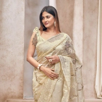FWMF EMBROIDERED ORGENZA SILK SAREE WITH LACE BORDER - Gold Sand