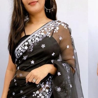 FWMF ORGENZA SILK EMBROIDERED PIPING BORDERE WORK SAREE - Black