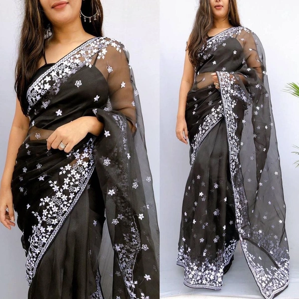 FWMF ORGENZA SILK EMBROIDERED PIPING BORDERE WORK SAREE - Black