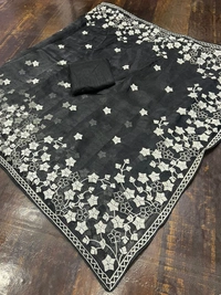 FWMF ORGENZA SILK EMBROIDERED PIPING BORDERE WORK SAREE - Black