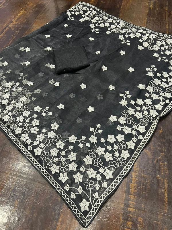 FWMF ORGENZA SILK EMBROIDERED PIPING BORDERE WORK SAREE - Black