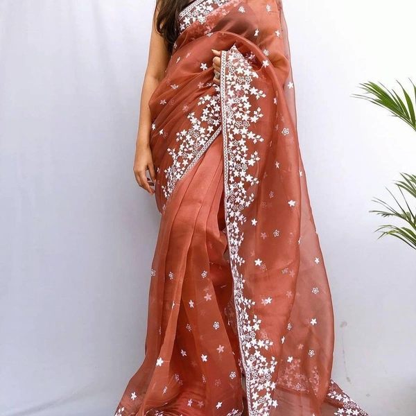 FWMF ORGENZA SILK EMBROIDERED PIPING BORDERE WORK SAREE - Old Rose