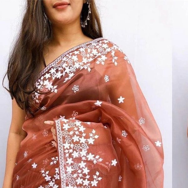 FWMF ORGENZA SILK EMBROIDERED PIPING BORDERE WORK SAREE - Old Rose