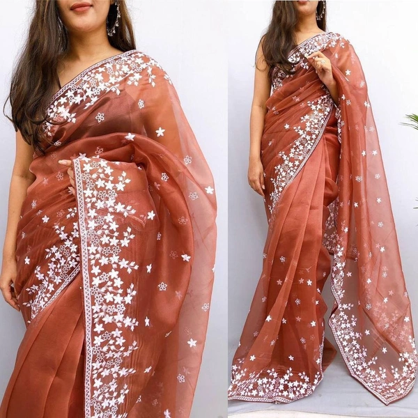 FWMF ORGENZA SILK EMBROIDERED PIPING BORDERE WORK SAREE - Old Rose