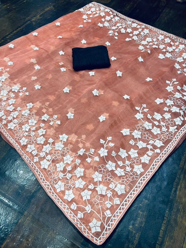 FWMF ORGENZA SILK EMBROIDERED PIPING BORDERE WORK SAREE - Old Rose