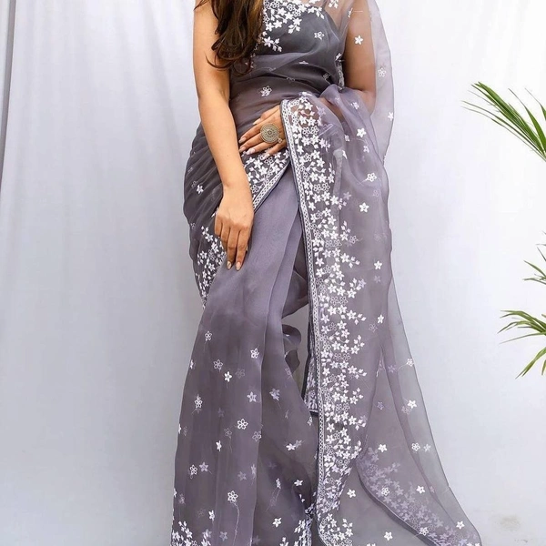 FWMF ORGENZA SILK EMBROIDERED PIPING BORDERE WORK SAREE - Gray