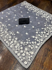 FWMF ORGENZA SILK EMBROIDERED PIPING BORDERE WORK SAREE - Gray