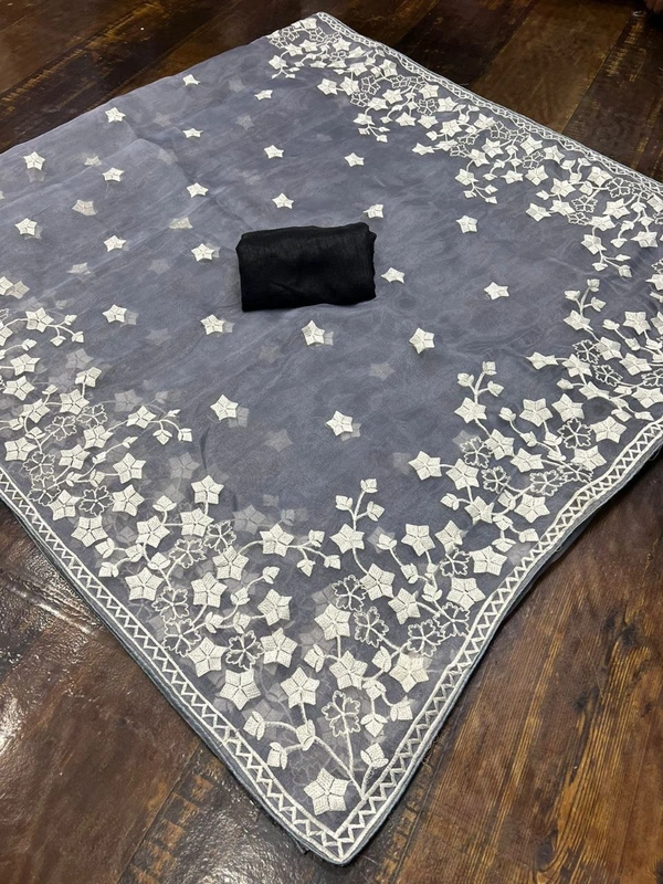 FWMF ORGENZA SILK EMBROIDERED PIPING BORDERE WORK SAREE - Gray