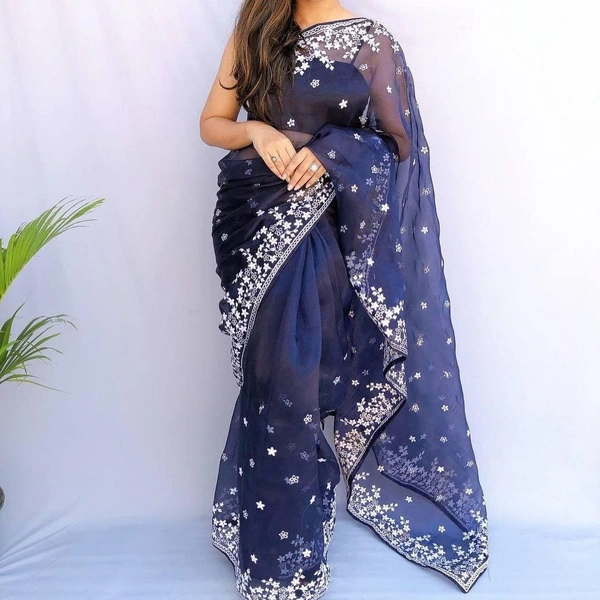 FWMF ORGENZA SILK EMBROIDERED PIPING BORDERE WORK SAREE - Navy Blue