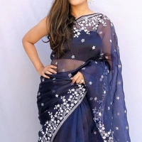 FWMF ORGENZA SILK EMBROIDERED PIPING BORDERE WORK SAREE - Navy Blue