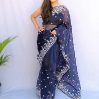 FWMF ORGENZA SILK EMBROIDERED PIPING BORDERE WORK SAREE - Navy Blue