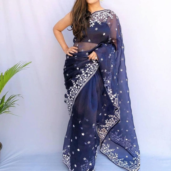 FWMF ORGENZA SILK EMBROIDERED PIPING BORDERE WORK SAREE - Navy Blue