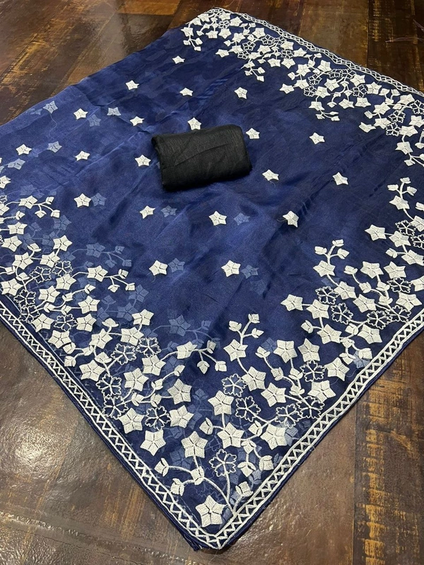 FWMF ORGENZA SILK EMBROIDERED PIPING BORDERE WORK SAREE - Navy Blue