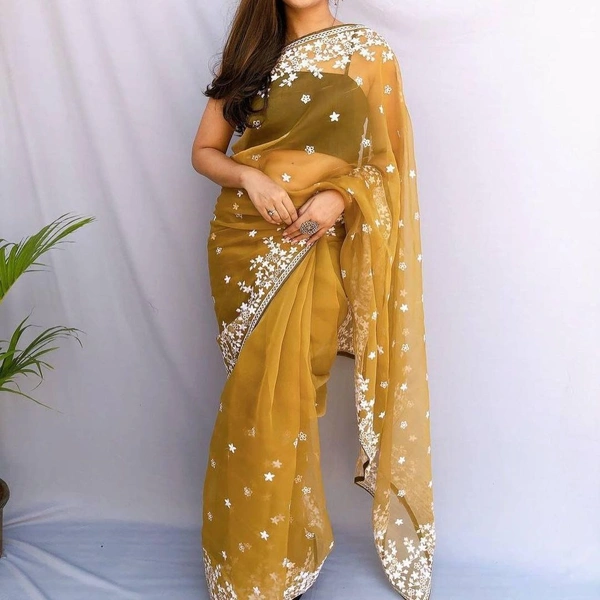 FWMF ORGENZA SILK EMBROIDERED PIPING BORDERE WORK SAREE - Yellow Orange