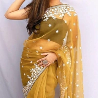 FWMF ORGENZA SILK EMBROIDERED PIPING BORDERE WORK SAREE - Yellow Orange