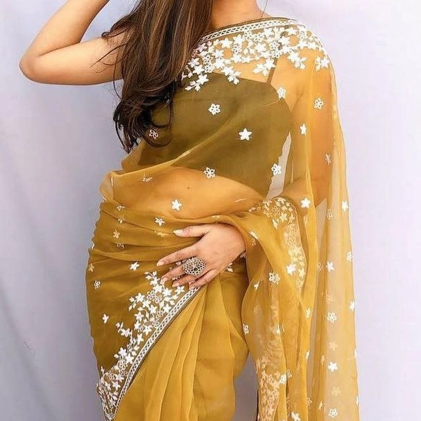 FWMF ORGENZA SILK EMBROIDERED PIPING BORDERE WORK SAREE - Yellow Orange