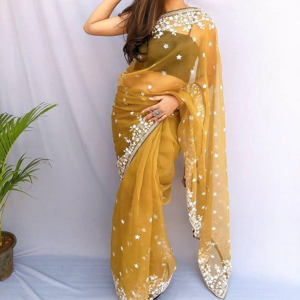 FWMF ORGENZA SILK EMBROIDERED PIPING BORDERE WORK SAREE - Yellow Orange