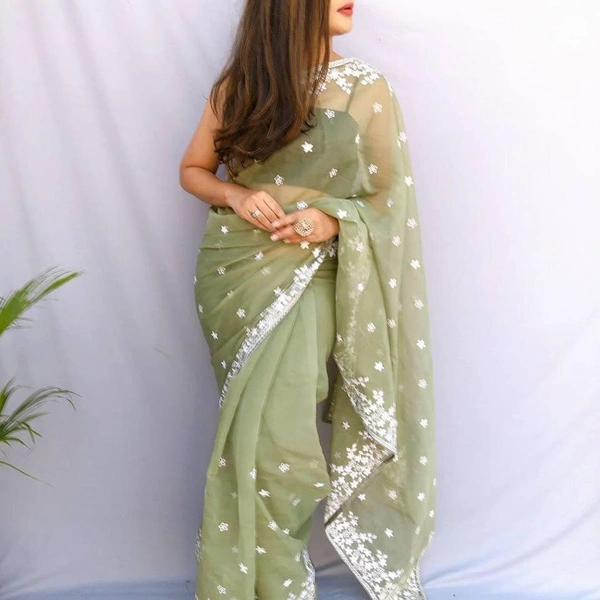 FWMF ORGENZA SILK EMBROIDERED PIPING BORDERE WORK SAREE - Glade Green
