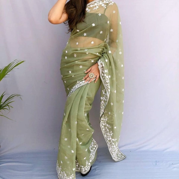 FWMF ORGENZA SILK EMBROIDERED PIPING BORDERE WORK SAREE - Glade Green