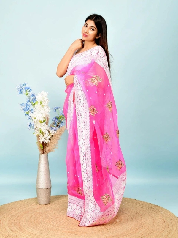 FWMF HEAVY MULTY THREAD WORK ORGENZA SILK SAREE WITH BANGLORI SATIN BLOUSE - Pink