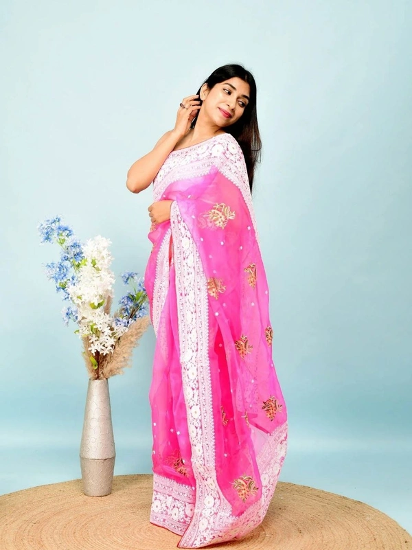 FWMF HEAVY MULTY THREAD WORK ORGENZA SILK SAREE WITH BANGLORI SATIN BLOUSE - Pink