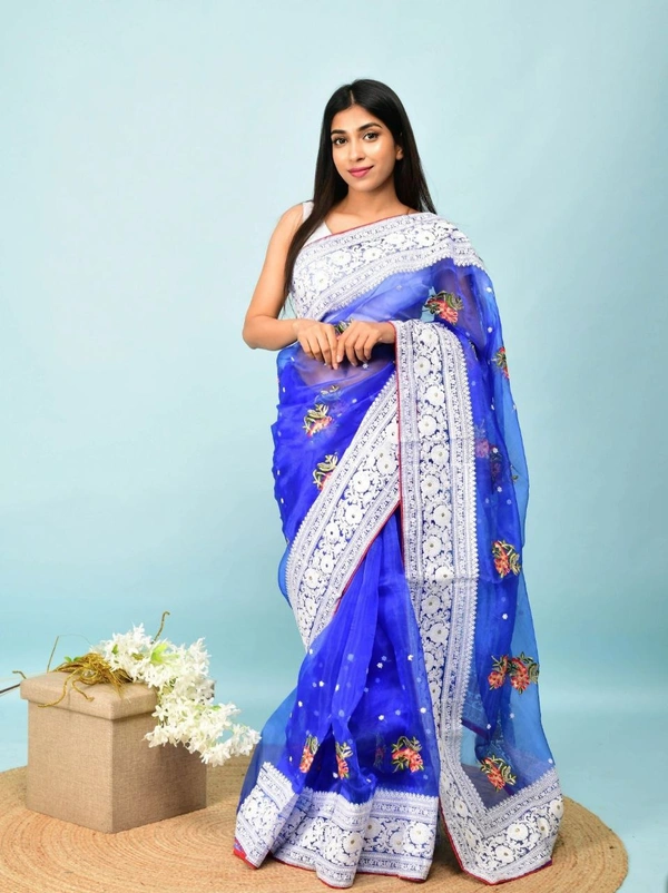 FWMF HEAVY MULTY THREAD WORK ORGENZA SILK SAREE WITH BANGLORI SATIN BLOUSE - Blue