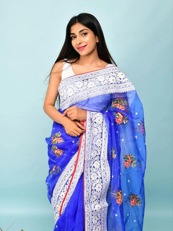 FWMF HEAVY MULTY THREAD WORK ORGENZA SILK SAREE WITH BANGLORI SATIN BLOUSE - Blue