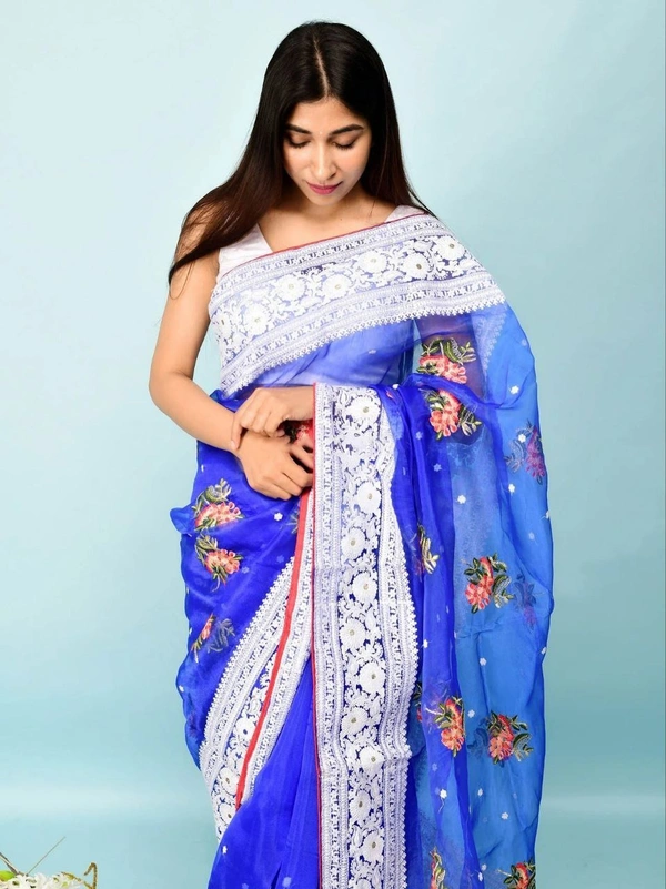 FWMF HEAVY MULTY THREAD WORK ORGENZA SILK SAREE WITH BANGLORI SATIN BLOUSE - Blue