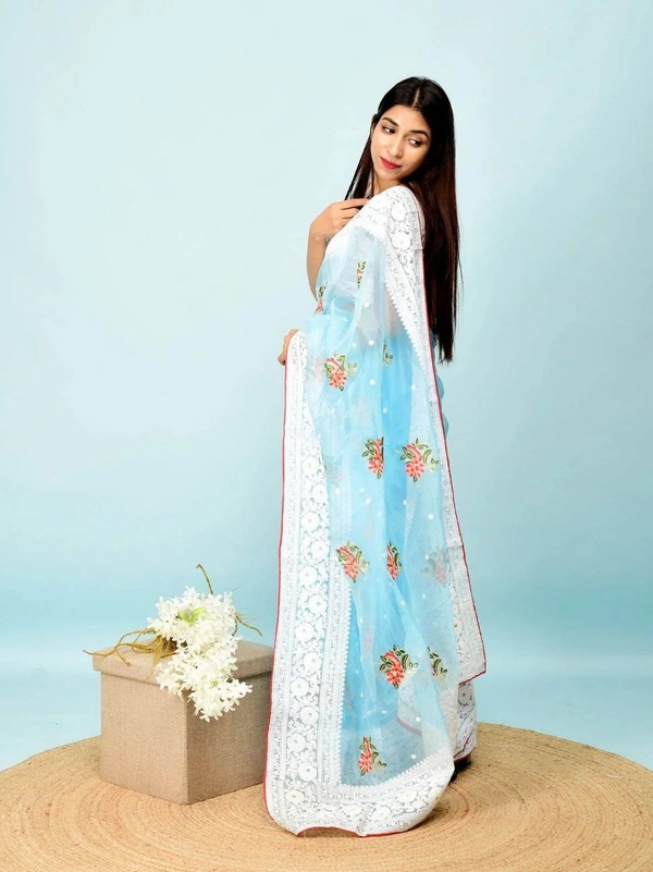 FWMF HEAVY MULTY THREAD WORK ORGENZA SILK SAREE WITH BANGLORI SATIN BLOUSE - Powder Blue