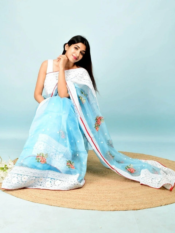 FWMF HEAVY MULTY THREAD WORK ORGENZA SILK SAREE WITH BANGLORI SATIN BLOUSE - Powder Blue