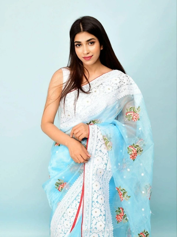 FWMF HEAVY MULTY THREAD WORK ORGENZA SILK SAREE WITH BANGLORI SATIN BLOUSE - Powder Blue