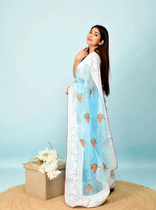 FWMF HEAVY MULTY THREAD WORK ORGENZA SILK SAREE WITH BANGLORI SATIN BLOUSE - Powder Blue