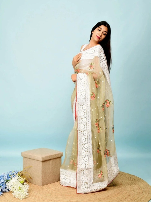 FWMF HEAVY MULTY THREAD WORK ORGENZA SILK SAREE WITH BANGLORI SATIN BLOUSE - Olive Green
