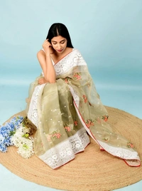 FWMF HEAVY MULTY THREAD WORK ORGENZA SILK SAREE WITH BANGLORI SATIN BLOUSE - Olive Green
